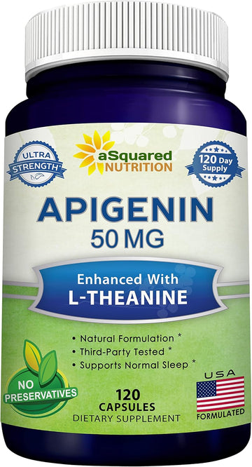 Asquared Nutrition Apigenin 50Mg & L-Theanine 200Mg - 120 Capsules - Apigenin Supplement Pills For Sleep And Relaxation - Natural Bioflavonoid Extract Found In Chamomile Tea