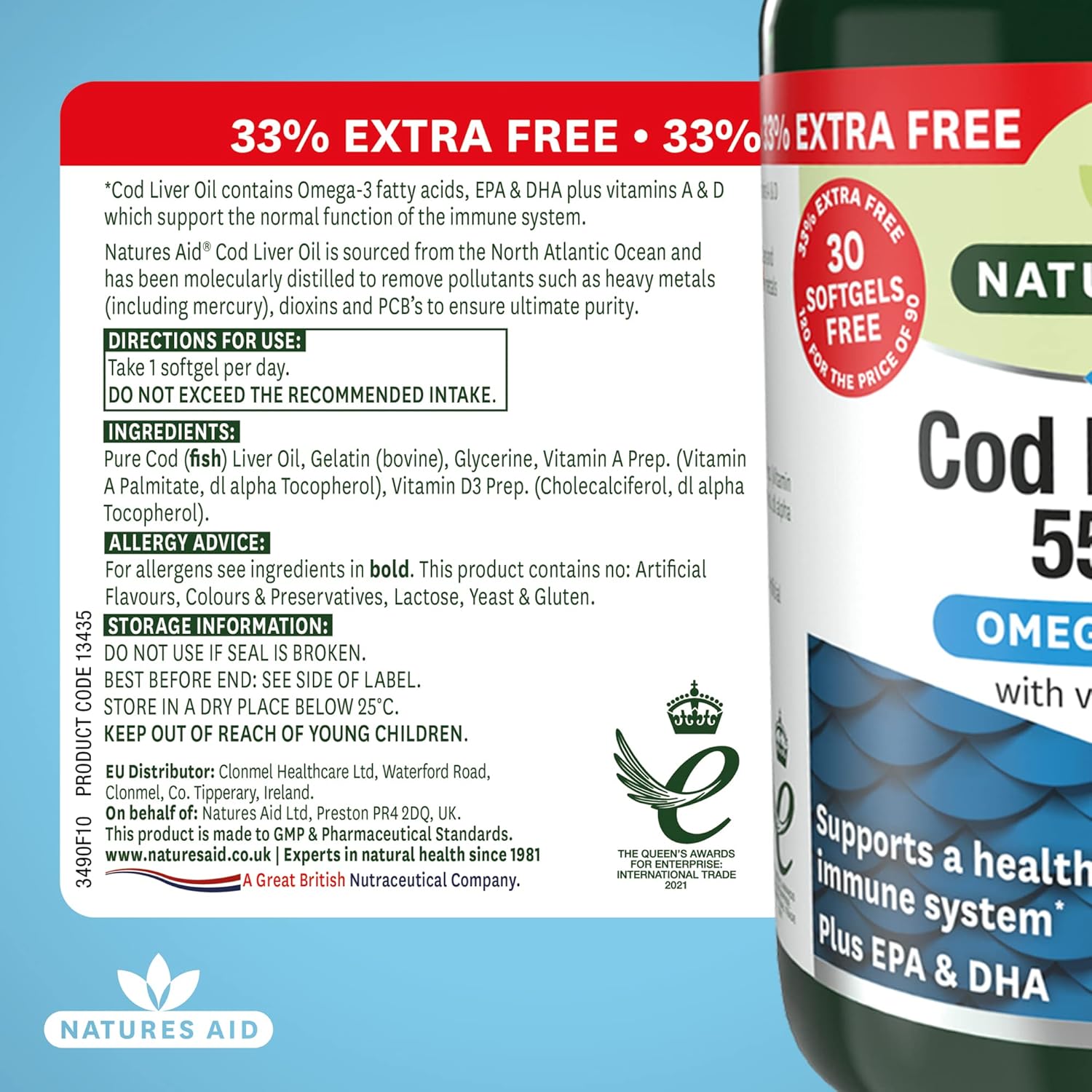 Natures Aid Cod Liver Oil 550mg Softgels – High Strength Omega-3 Fish Oil with Vitamins A, D Plus EPA & DHA – Supports Healthy Immune System Heart Health Brain Vision Joints – Non-GMO – 120 Capsules : Amazon.co.uk: Health & Personal Care