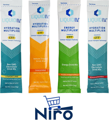 Niro Hydration Multiplier Liquid Iv | 16 Pack | 4 Strawberry, 4 Lemon Lime, 4 Tangerine, And 4 Yuzu Pineapple Assortment