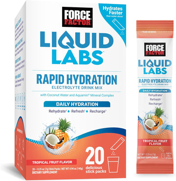 Force Factor Liquid Labs Electrolytes Powder, Hydration Packets To Make Electrolyte Water With 5 Essential Electrolytes, Vitamins, Minerals, And Antioxidants, Tropical Fruit Flavor, 20 Stick Packs