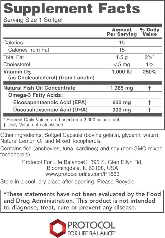 Protocol Ultra Omega 3-D - 600mg EPA, 300mg DHA & 1,000 IU Vitamin D3 - Fish Oil for Brain Support, Heart & Nervous System Health* - EPA DHA Omega Supplement - Non-GMO & Halal - 90 Softgels
