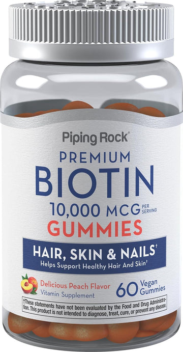 Piping Rock Biotin 10000Mcg Gummies | 60 Count | Hair Skin And Nails | Vegan Formula | Peach Flavor | Premium Vitamin Supplement | Non-Gmo, Gluten Free