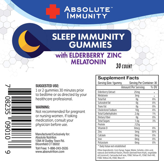 Absolute Immunity- Zinc and Elderberry Sleep Gummies with Melatonin, Helps with Occasional sleeplessness, Immune System Support, Adults and Kids 30ct : Health & Household