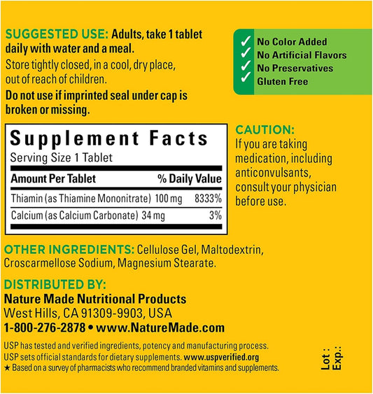 Nature Made Vitamin B1 100Mg, Dietary Supplement For Energy Metabolism Support, 100 Tabletss, 100 Day Supply