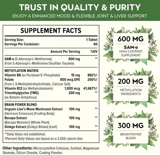 1100Mg Sam-E (S-Adenosyl-L-Methionine), Sam E Supplement For Mood, Joint & Liver, Highest Concentration Of Active S,S Form Same, Vegan, 60 Tablets