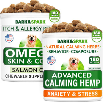 Advanced Calming Hemp + Omega 3 For Dogs Bundle - Anxiety Relief + Skin Allergy - Hemp Oil + Melatonin + Epa & Dha Fatty Acids - Aggressive Behavior, Barking + Itch Relief - 360 Chews - Made In Usa…