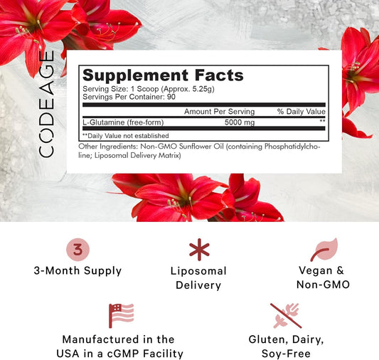 Codeage Liposomal L-Glutamine Powder - High-Potency L-Glutamine 5,000 Mg Per Serving - 3-Month Supply - Liposomal Delivery, Free-Form Amino Acid, Unflavored Glutamine - Non-Gmo Gluten-Free - 16.67 Oz
