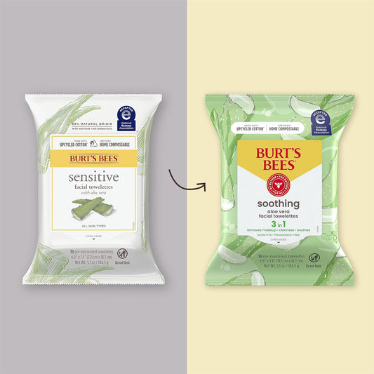 Burt's Bees Aloe Vera Face Wipes, Mothers Day Gifts for Mom for Sensitive Skin, Soothing Makeup Remover & Facial Cleansing Towelettes, 30 Count (Pack of 3)