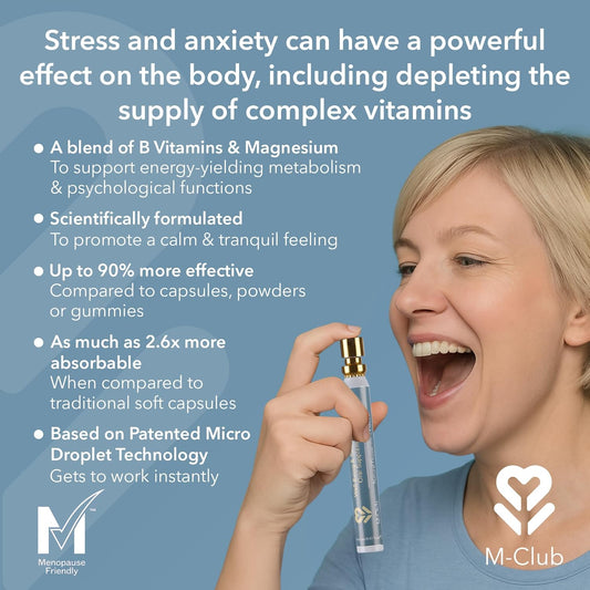 M-Club Wellbeing & Relaxation Oral Supplement Spray 14Ml β Fast-Absorbing B Vitamins & Magnesium, Menopause, Energy & Mood β Vegan, Non-Gmo, No Additives, Peppermint Flavour - 30-Day Supply
