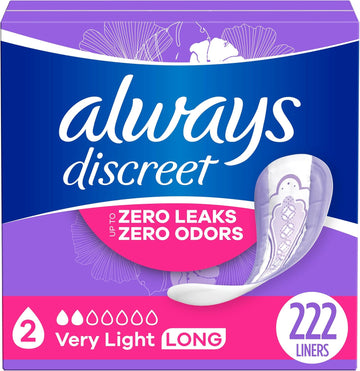 Always Discreet Incontinence Panty Liners For Bladder Leaks, 2 Size, Very Light Absorbency, Long Length, 222 Ct