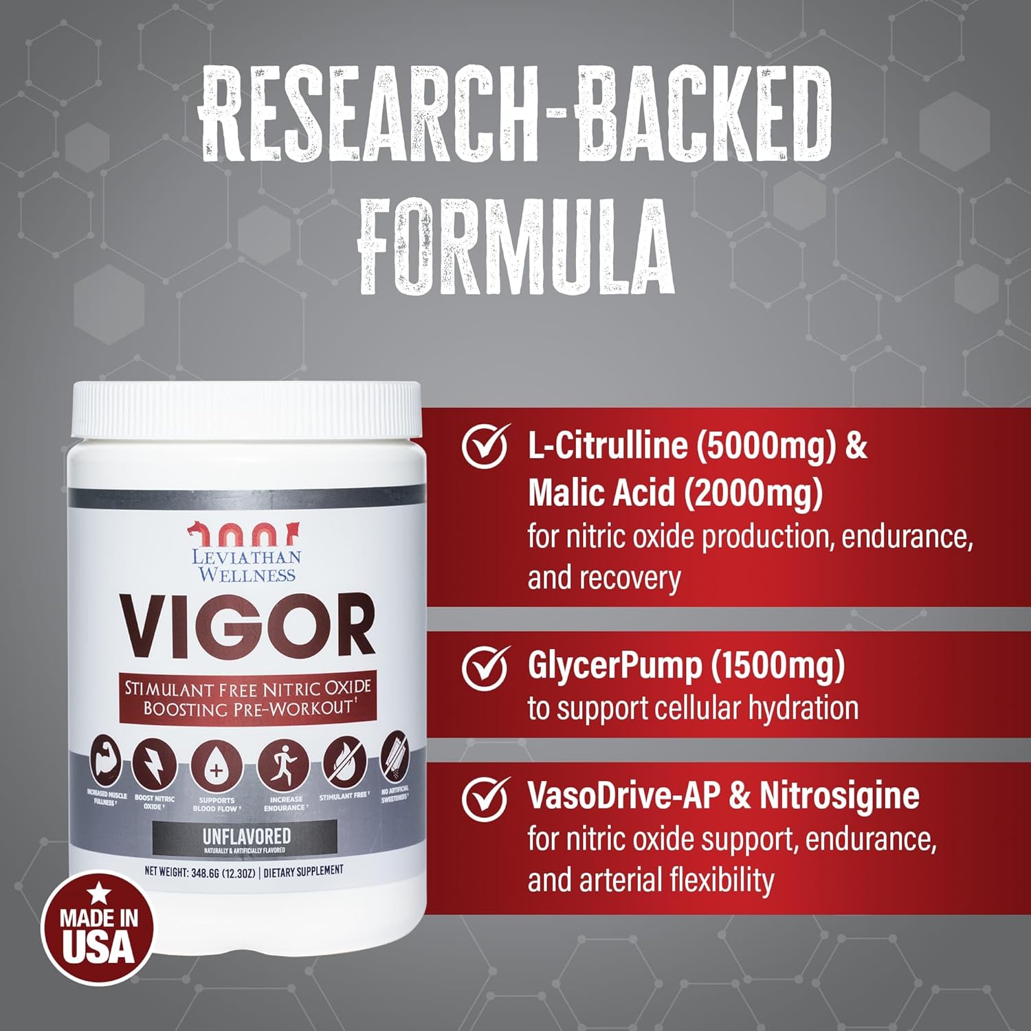 Leviathan Wellness Vigor - Stimulant-Free Nitric Oxide Pre-Workout Powder | L-Citrulline (5000Mg), Malic Acid (2000Mg), Glycerpump (1500Mg)| Blue Raspberry| 30 Servings, 13.86G Each | Made In The Usa : Health & Household