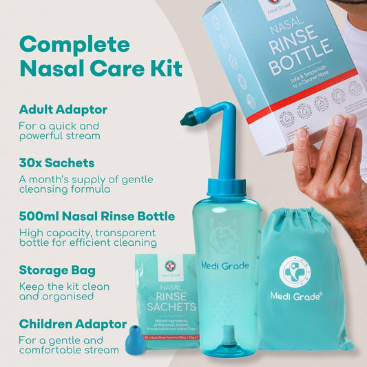 Medi Grade Nasal Irrigation Kit - 500Ml Nasal Rinse Bottle, 30X 4.5G Premixed Saline Nasal Rinse Salt Sachets - Deluxe Free-Flow Bottle Nose Cleaner For Improved Breathing And Nasal Hygiene