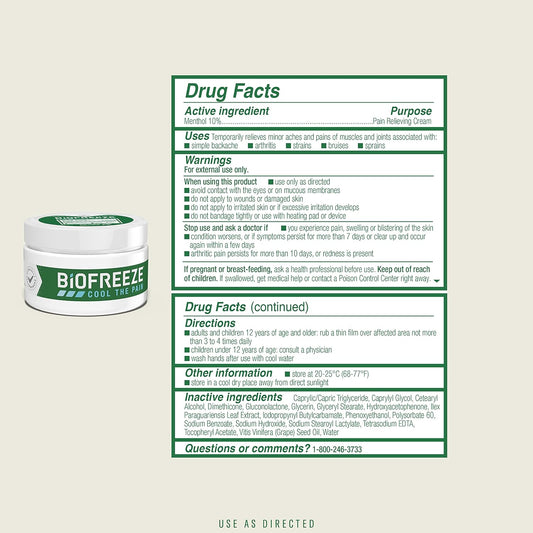 Biofreeze Menthol Pain Relieving Cream 3 Oz Jar (Pack Of 2) For Pain Relief Associated With Sore Muscles, Arthritis, Simple Backaches, And Joint Pain (Packaging May Vary)