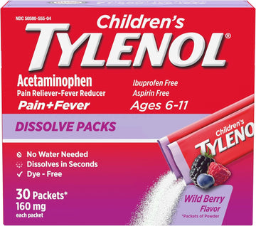 Tylenol Children'S Dissolve Packs For Pain Relief, Fever Medication, 160 Mg Acetaminophen, Dye Free, Kids' Powder Packets For Cold & Flu Symptom Relief; Wild Berry Flavor, 30 Ct.; Pack Of 1