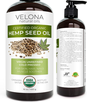 velona Hemp Seed Oil USDA Certified Organic - 16 oz | 100% Pure and Natural Carrier Oil | Unrefined, Cold Pressed | Hair, Body, Face & Skin Care | Use Today - Enjoy Results