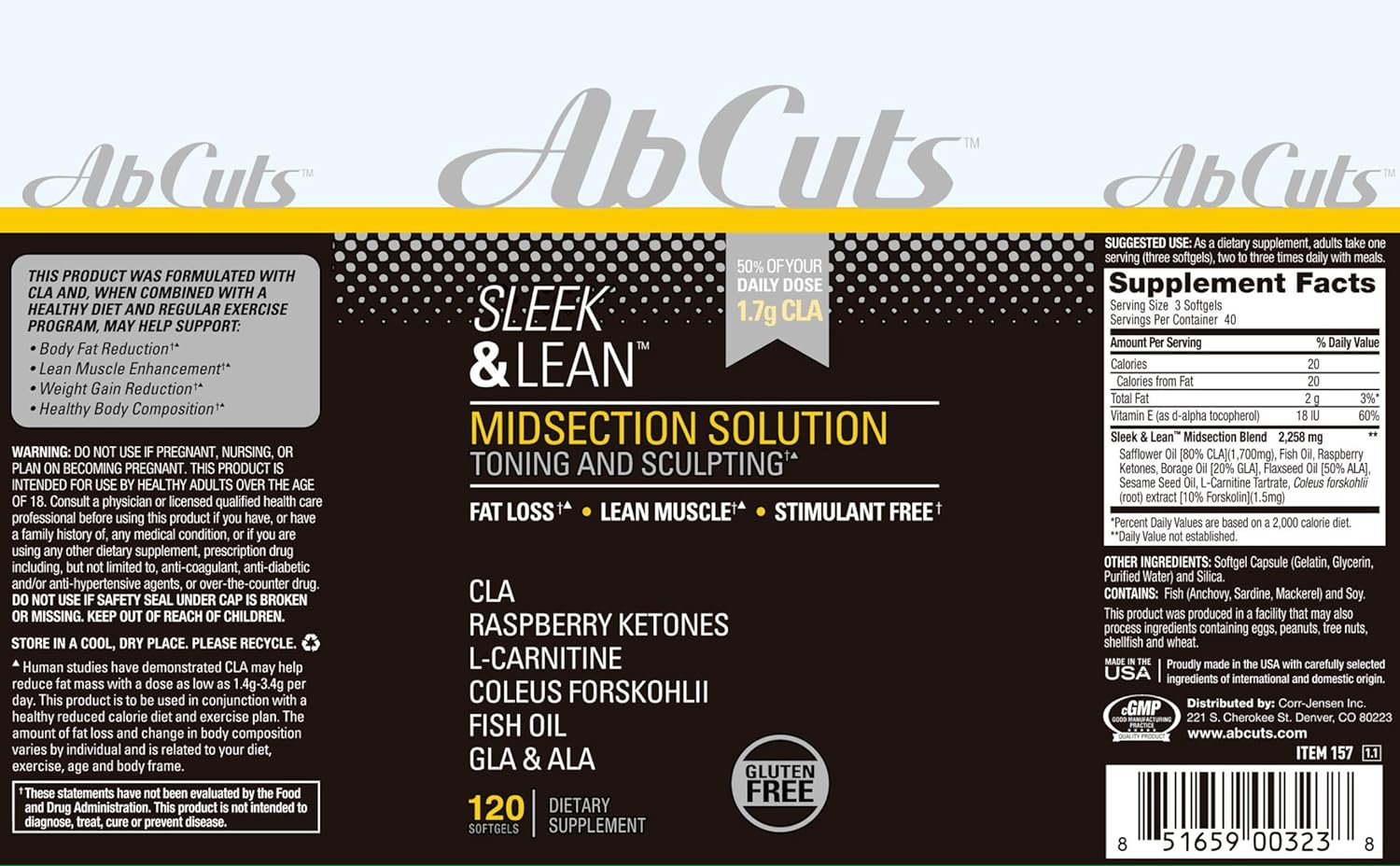 AbCuts Sleek and Lean - 120 Easy-to-Swallow Softgels - CLA Supplement,