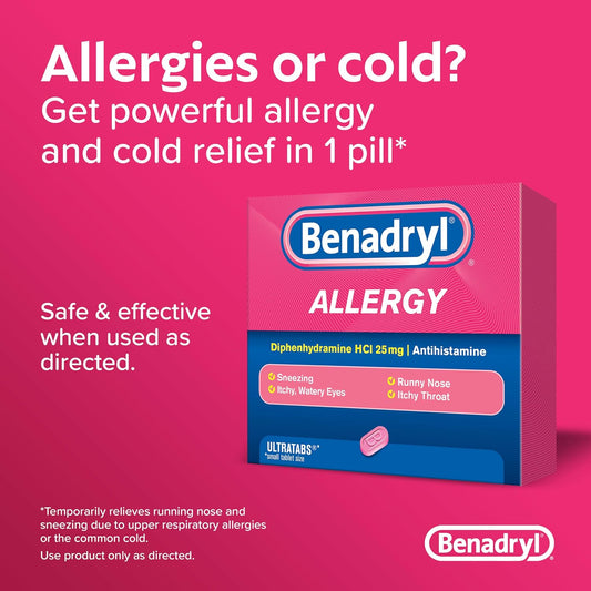 Benadryl Ultratabs Allergy Relief Medicine, 25 Mg Diphenhydramine Hcl Antihistamine Tablets For Relief Of Cold & Allergy Symptoms Like Sneezing, Runny Nose, & Itchy Eyes & Throat, 24 Ct