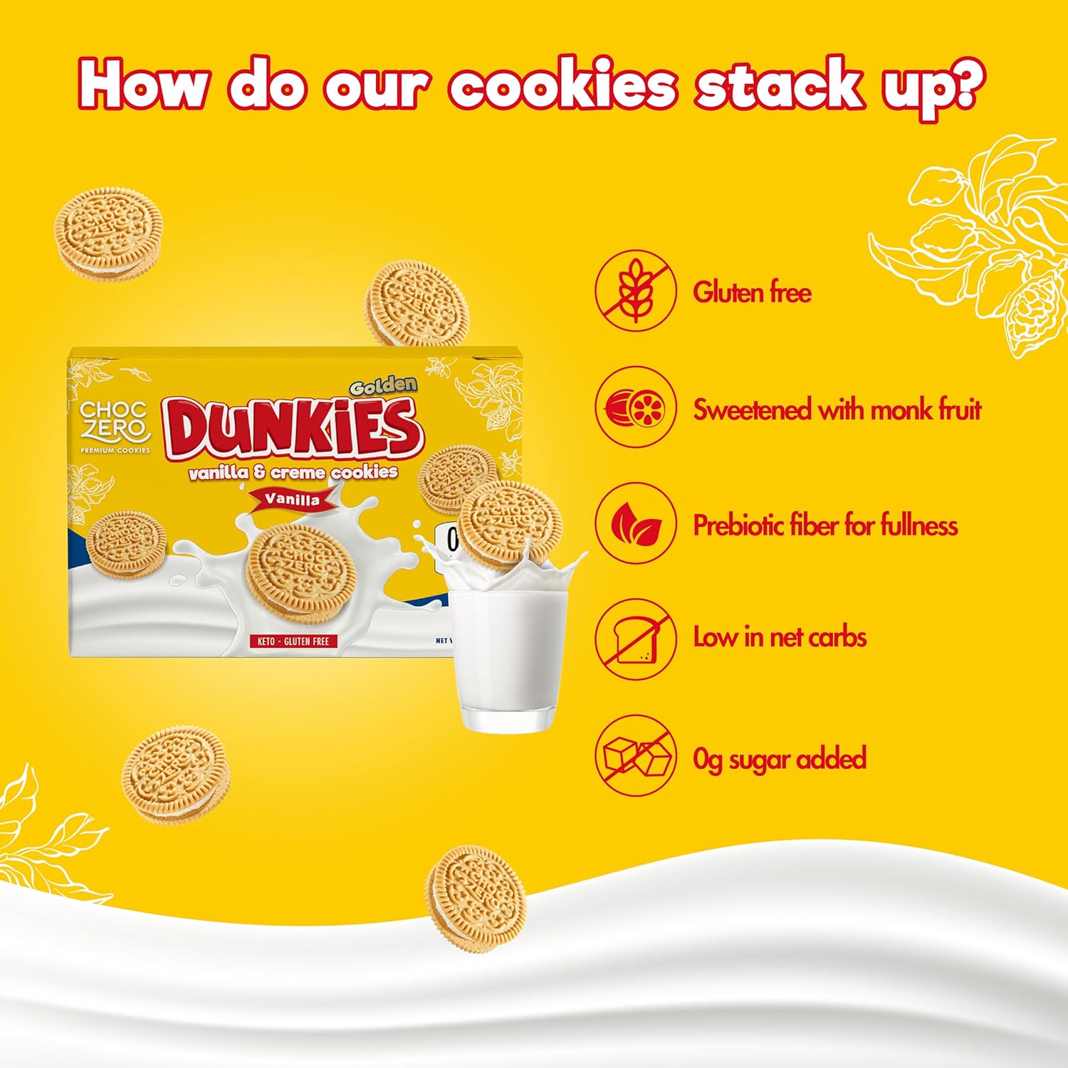 Choczero Gluten-Free Vanilla Sandwich Cookies With Creme - Low Sugar, Keto Friendly Dunkies (1 Box, 9Oz)