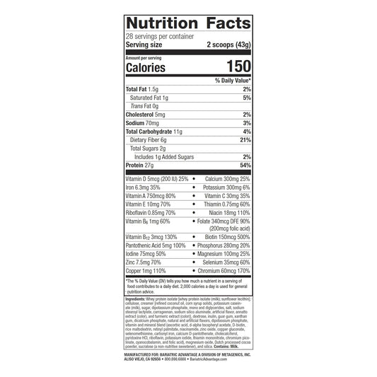 Bariatric Advantage High Protein Meal Replacement Drink Mix, Protein Powder Whey Isolate For Gastric Bypass And Sleeve Gastrectomy Patients, 27G Protein, Lactose Free - Cookies And Cream - 28 Servings