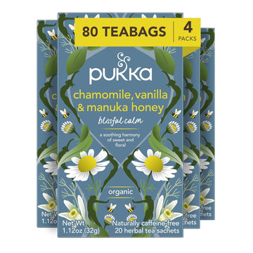 Pukka Chamomile, Vanilla & Manuka Honey Herbal Tea, Caffeine-Free, Fair Trade, Kosher, Usda Certified Organic, Non-Gmo, 20 Tea Sachets (Pack Of 4)