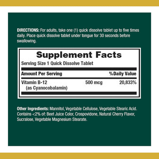 Nature'S Bounty Vitamin B12, Supports Energy Metabolism And Nervous System Health, 500Mcg, 100 Quick Dissolve Tablets