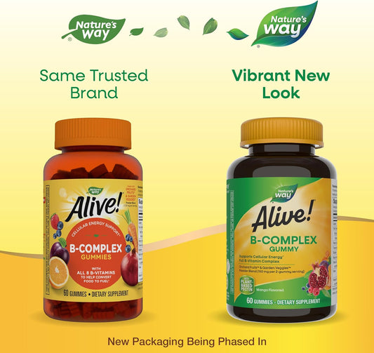 Nature'S Way Alive! B-Complex Gummies, Cellular Energy Support*, 8 B-Vitamins, Vegetarian, Mango Flavored, 60 Gummies (Packaging May Vary)