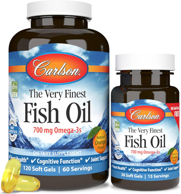 Carlson - The Very Finest Fish Oil, 700 Mg Omega-3S, Norwegian Fish Oil Supplement, Wild Caught Omega-3 Fish Oil, Sustainably Sourced Fish Oil Capsules, Omega-3 Supplement, Orange, 120+30 Softgels