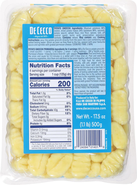 De Cecco Pasta, Potato Gnocchi No.401, 17.6 Oz - Made In Italy, High In Protein & Iron, Bronze Die