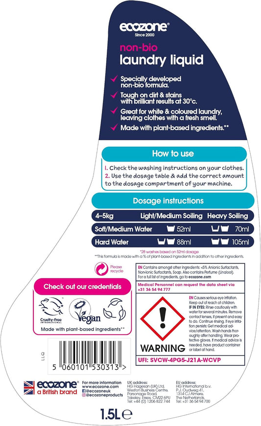 Ecozone Ultra Concentrated Laundry Liquid, Non Bio Detergent, Washing Machine Clothing Stain Removal & Cleaning Solution, Natural Vegan & Non Toxic, Eco Friendly, Gentle On Skin, 166 Washes (5L)