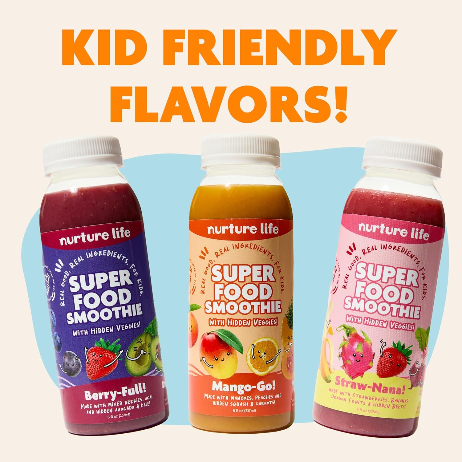 Nurture Life Superfood Smoothies, Healthy Toddler Snacks To-Go W/Hidden Fruits & Veggies, Fruit Smoothies For Kids, No Sugar Added, 3 Bottles, Variety Pack: Mango-Go, Berry-Full, & Straw-Nana Flavors
