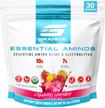 Granite 10G Essential Amino Acids Powder (30 Servings) Muscle Recovery Supplement For Muscle Growth - 7G Bcaa Powder With Electrolytes, Soy And Gluten-Free, Made In Usa, Strawberry Lemonade