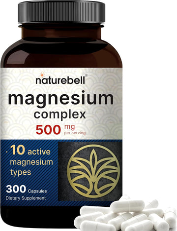 Naturebell Magnesium Complex Supplement 500Mg, 300 Capsules | 10 Active Forms β Glycinate, Citrate, Taurate, Plus More | 100% Chelated & Purified | Bone, Heart, & Muscle Support | Non-Gmo