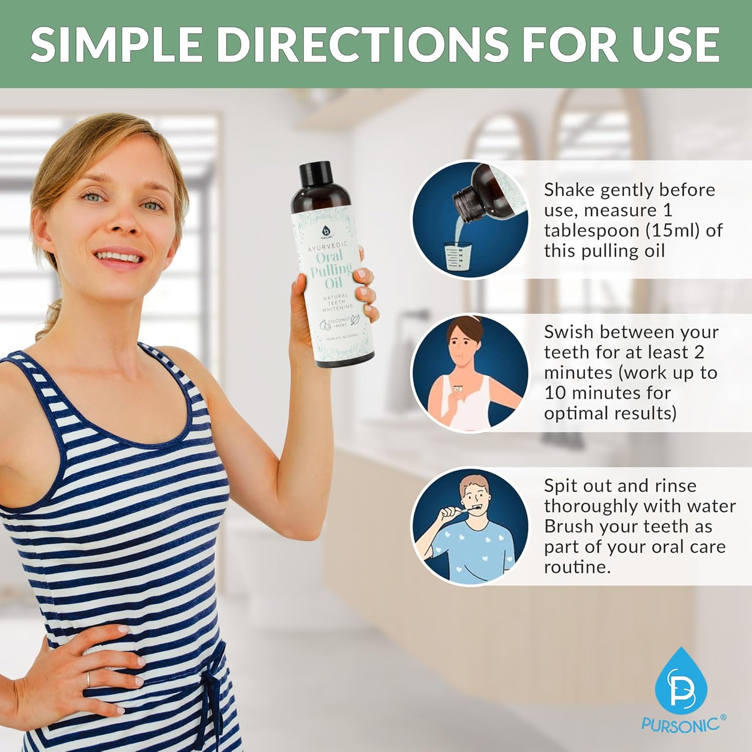 Pursonic Mint & Coconut Oil Pulling For Teeth With Tongue Scraper - 8Oz Ayurvedic Pulling Oil For Teeth And Gums Strengthening & Plaque, Decay Prevention - Coconut Oil For Teeth Whitening & Oral Care : Health & Household