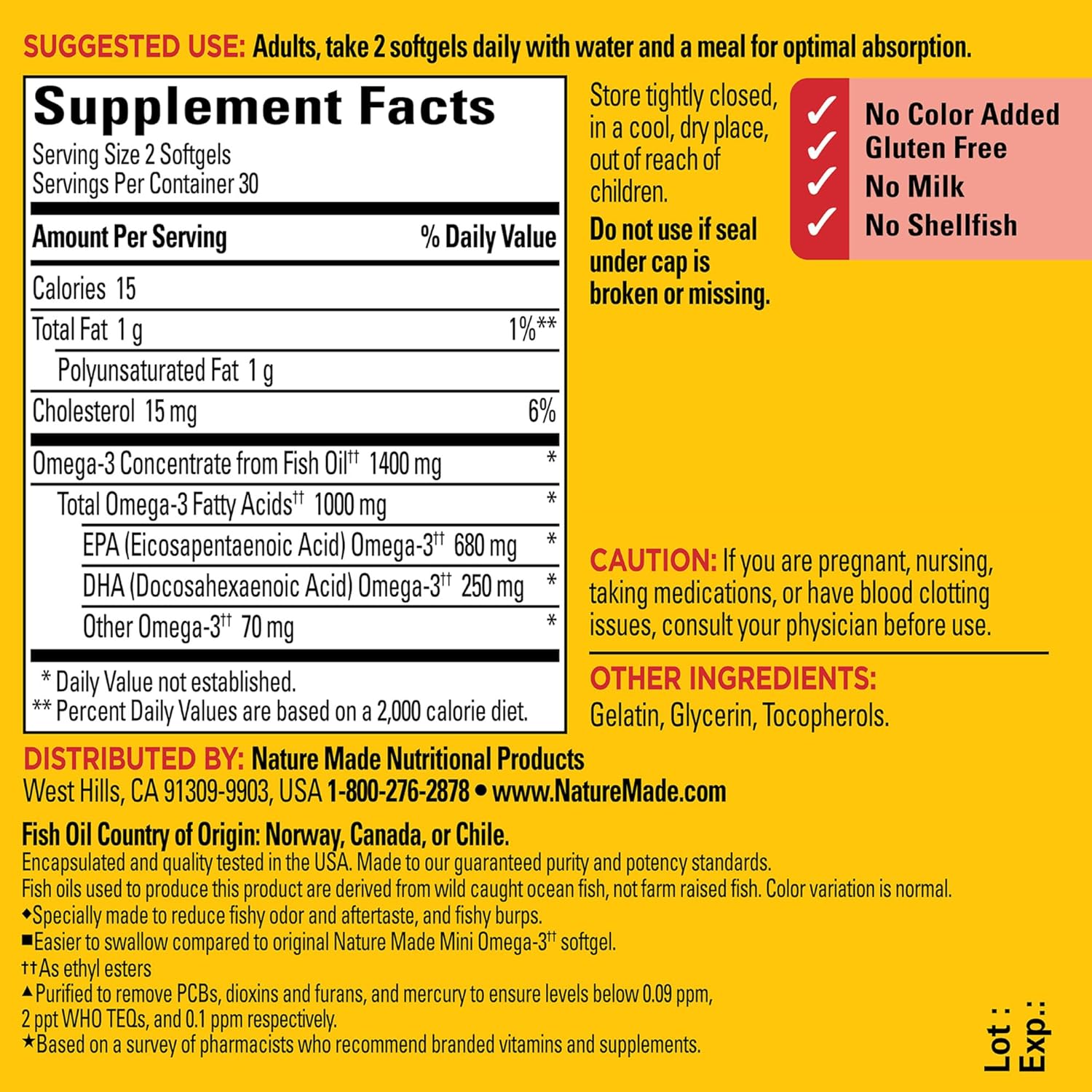 Nature Made Extra Strength Burp Less Fish Oil Omega 3 Supplements 1400 Mg Minis, Omega 3 Fish Oil As Ethyl Esters For Healthy Heart Brain Eyes Support, 60 Softgels, 30 Day Supply : Health & Household