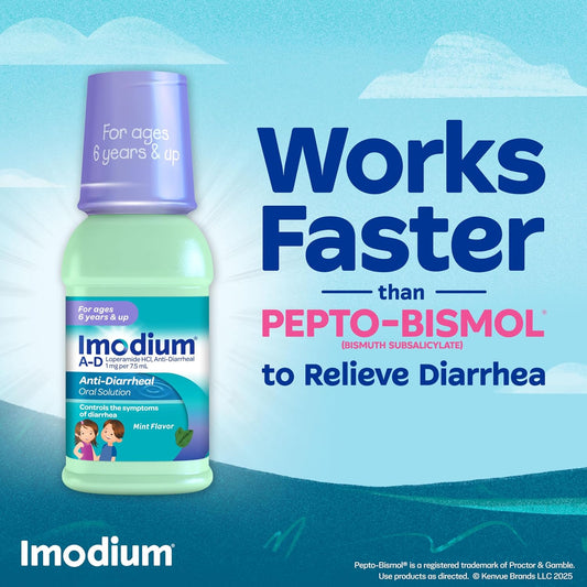 Imodium A-D Children'S Liquid Anti-Diarrheal Medicine With Loperamide Hcl, Oral Solution For Diarrhea Symptom Treatment & Control For Kids Ages 6+, Mint Flavor, Hsa/Fsa Eligible, 4 Fl. Oz