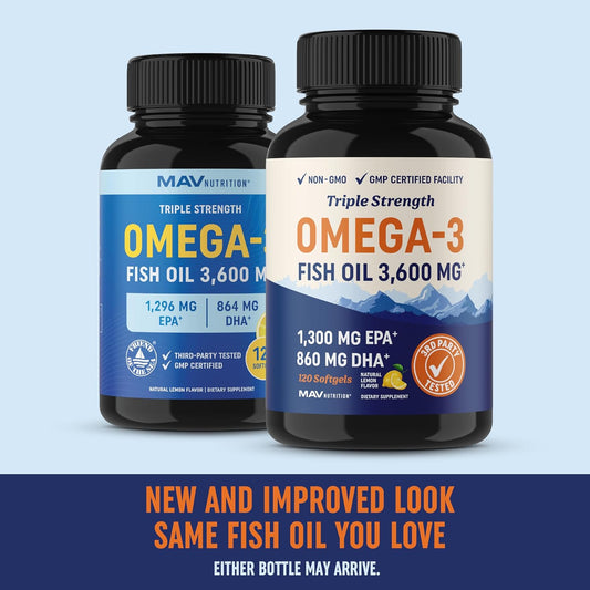 Triple Strength Omega 3 Fish Oil 3600 mg | EPA & DHA | Over 2100mg Omega-3 Fatty Acids | 1300mg EPA + 860mg DHA | Best Essential Fatty Acids | Premium Burpless Fish Oil Omega 3 Supplements