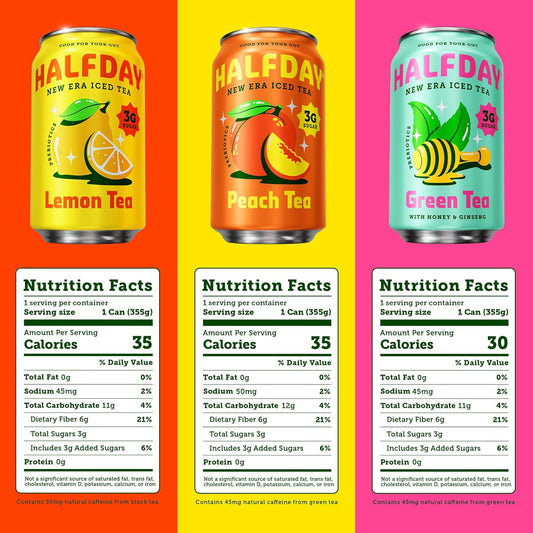 Halfday Prebiotic Iced Tea Lemon, Peach & Green Tea Variety Pack, Supports Digestive & Gut Health, Plant Fiber & Prebiotics, Low Sugar, 30 Calories, Natural Caffeine, Gluten Free, 12 Fl Oz (12 Pack) Packaging May Vary