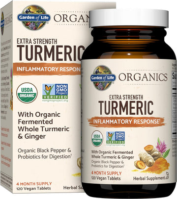 Garden Of Life Organics Extra Strength Turmeric Inflammatory Response 120 Tablets-100Mg Curcumin (95% Curcuminoids) Black Pepper, Probiotics, Organic Non-Gmo Vegan Gluten Free Herbal Supplement
