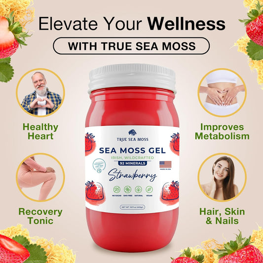 Trueseamoss Wildcrafted Irish Sea Moss Gel - Made With Dried Seaweed - Seamoss, Vegan-Friendly, Antioxidant Supports Thyroid & Digestion - Made In Usa (Strawberry, Pack Of 1)