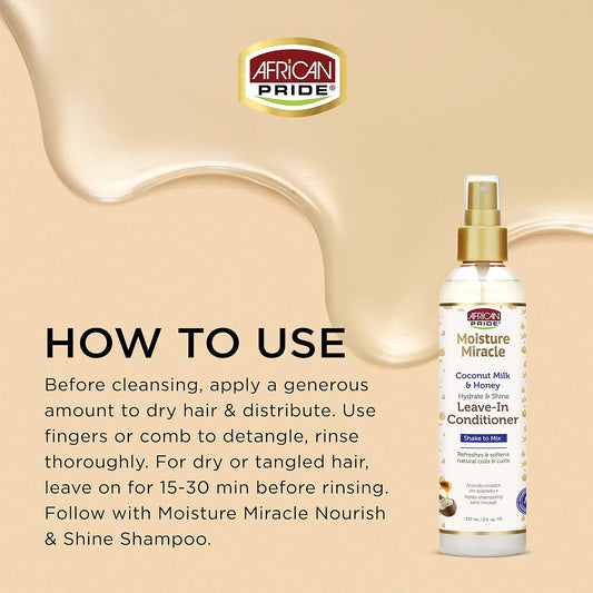 African Pride Moisture Miracle Coconut Milk & Honey Leave-In Conditioner - Refreshes & Softens Natural Coils & Curls, Hydrates & Shines, 8 oz (3 Pack)