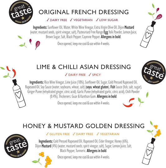 Lucy’S Dressings – Great Taste Bundle; Original French Dressing, Lime & Chilli Asian Dressing And Honey & Mustard Golden Dressing – 3 X 250Ml