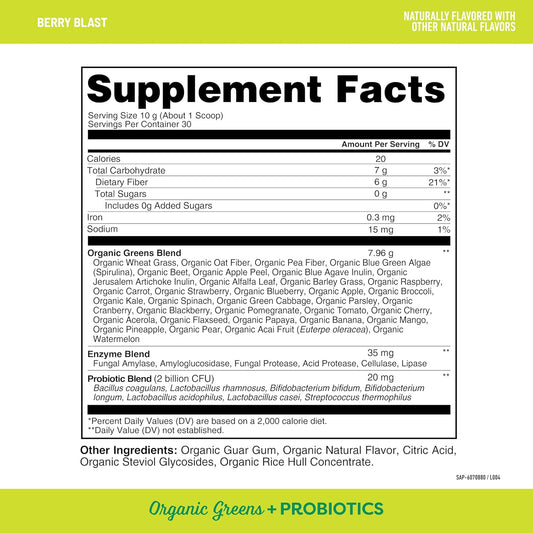 Healthy Delights Naturals - Organic Greens + Probiotics Powder - Naturally Boost Energy - Usda Organic - Delicious Berry Flavored - 30 Servings