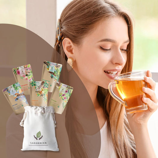 Gardenika Organic Loose Leaf Tea Sampler - Herbal Caffeine-Free Set - Ayurvedic Blend, Ksa Kosher, No Natural Or Artificial Flavors (5 Pack)