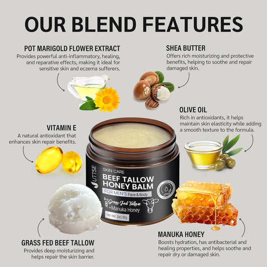 Beef Tallow Honey Balm For Skin:100% Grass-Fed Beef Tallow Moisturizer For Face And Body - Tallow Balm With Olive Oil Manuka Honey For Sensitive Dry Skin Repair 2 Oz