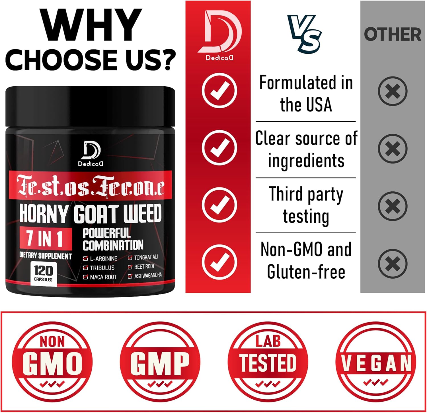Dedicad 7 In-1 Ultra Test Support With Tribulus Terrestris Horny Goat Weed L-Arginine Maca Root Tongkat Ali Beet Root - Energy Workout Muscle Strength Support 120 Capsules : Health & Household