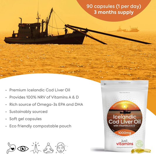Icelandic Cod Liver Oil 1000mg, x90 Capsules of High Strength Fish Oil with Vitamin A & D. Rich in Omega 3. Supports Heart Health, Brain Health, Eye Health UK Made