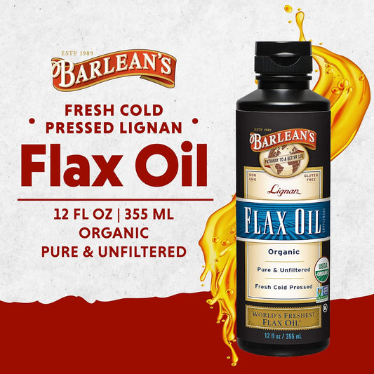 Barlean'S Lignan Flaxseed Oil From Cold-Pressed Flaxseeds - 7,230 Mg Ala Omega-3 Fatty Acids For Improving Heart Health - Vegan, Usda Organic, Non-Gmo, Gluten-Free - 12 Oz