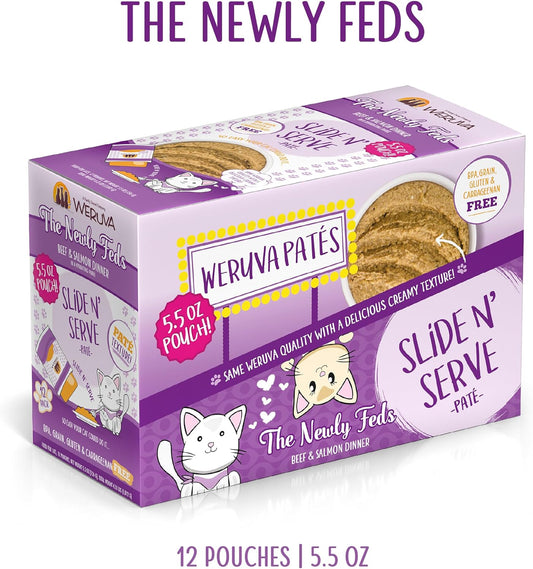 Weruva Wet Cat Food, The Newly Feds With Beef And Salmon Pate, 5.5Oz Slide N Serve Pouch, Pack Of 12