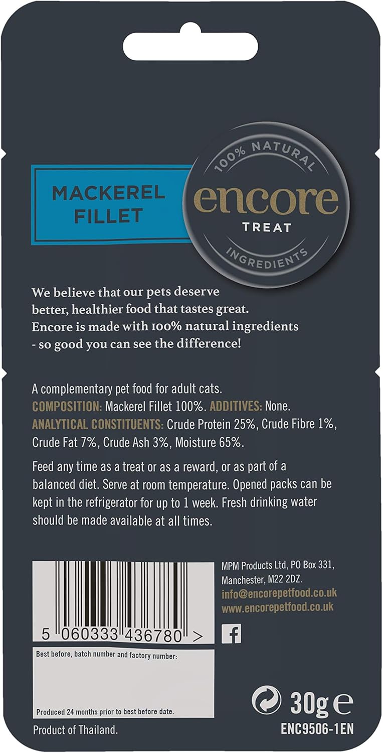 ENCORE 100% Natural Wet Cat Food, Pouch Treat, Mackerel Fillet Loin, 30g (Pack of 12) :Pet Supplies