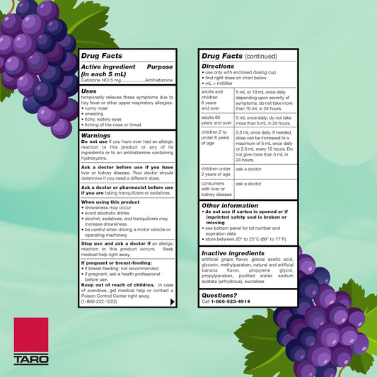 Taro Children'S Allergy Medicine, Sugar Free Grape Flavor, Cetirizine Kids Antihistamine Oral Solution Syrup For Indoor & Outdoor Allergy Relief, 24-Hour Symptom Relief, 4 Fl Oz